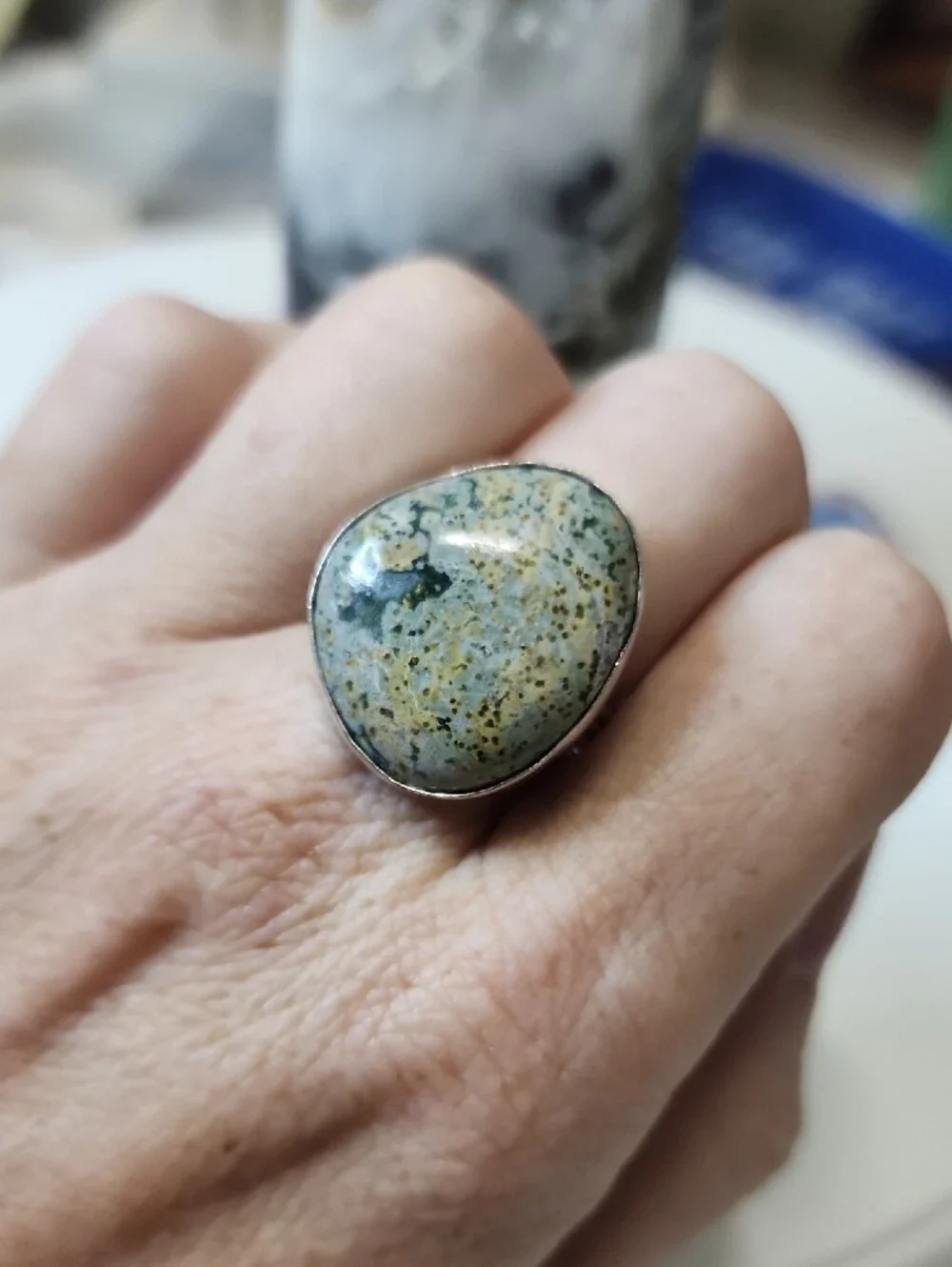 Handcrafted Ocean Jasper Statement Ring in Green and Cream